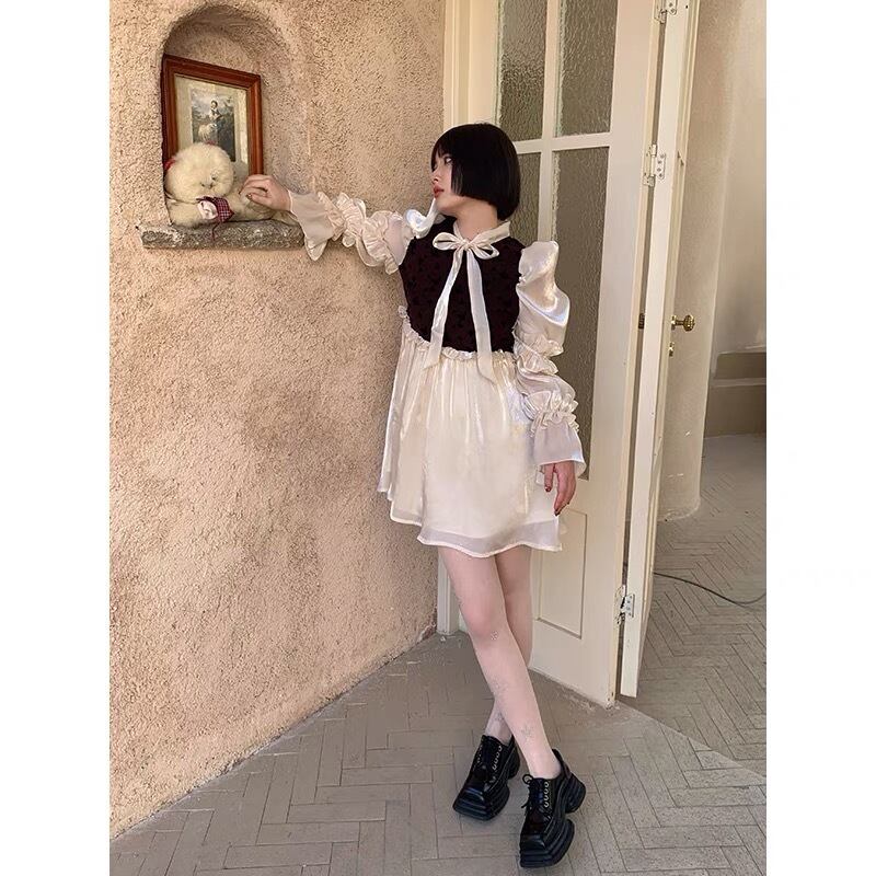 bubbles リボンブラウスワンピース S ホワイト ブラック BUBBLES