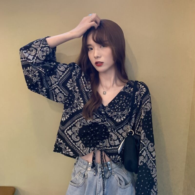 スタンダードシャツ レディーススプリングオータムVネックトップス レトロ 春物 秋物 YY-ファッション45543288818