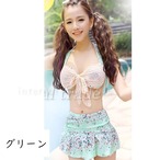 レディース水着 花柄 3点セット 体型カバー 長袖 レーストップス付き フリルスカート セパレート ビキニ 清楚 ガーリー 花柄 ピンク グリーン ホワイト レーストップス フレアスカート 着痩せ 日焼け防止 おしゃれ 可愛い 女性用 海 夏休みw563