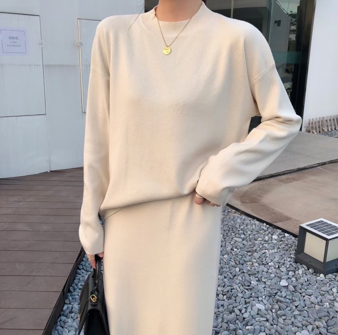 ボトルネックプルオーバー& Iラインスカート ニットセットアップ　AJ1050-9056 