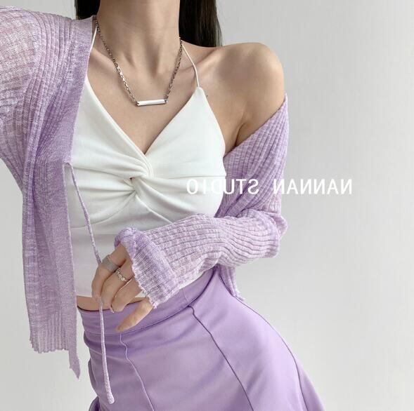 夏ファッション トップス ストラップカットソー uvカット 冷感薄手ニットショートレディース5色