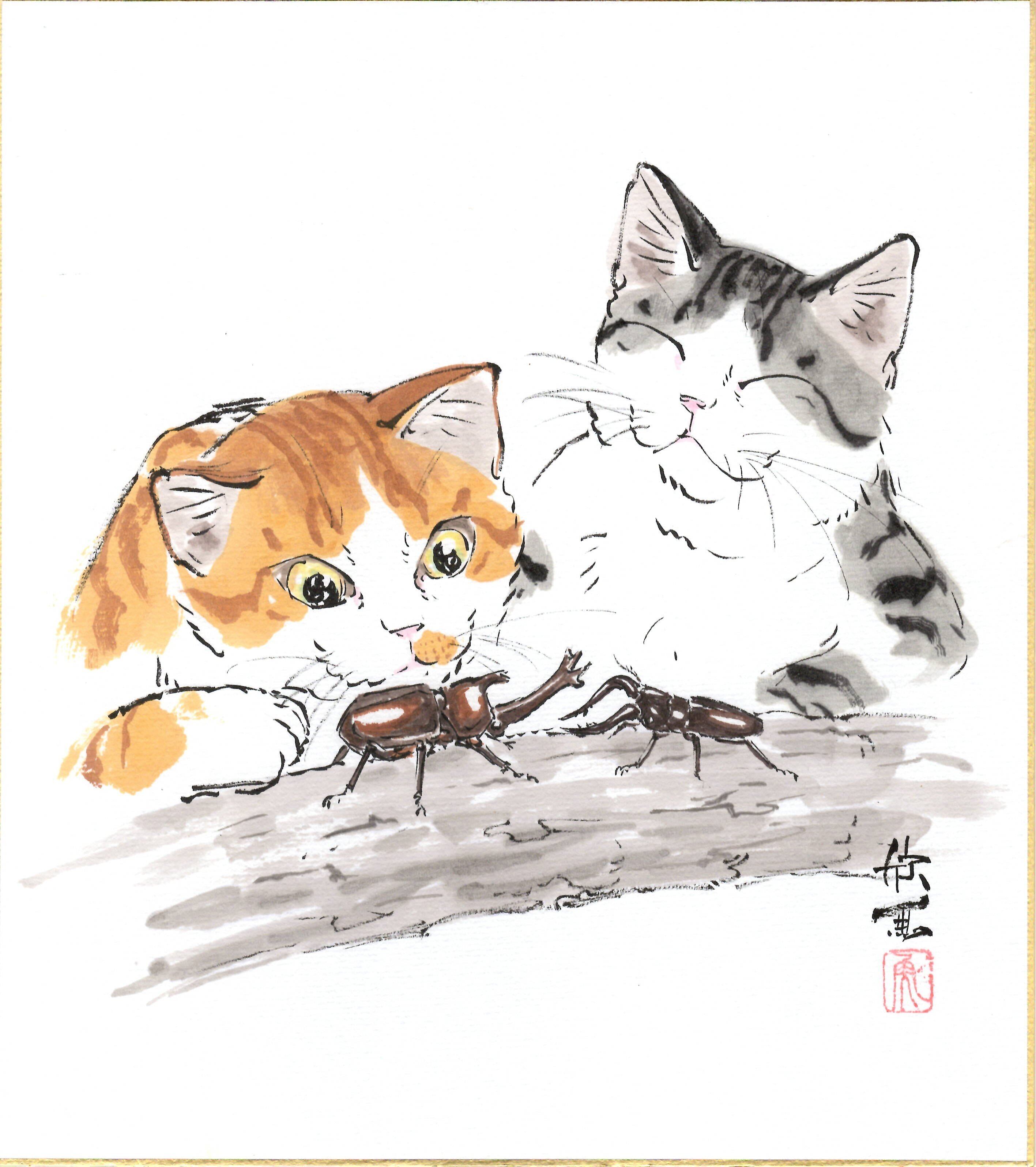 西村欣魚「将棋猫」色紙絵 | 吉村唐木店 WEBSHOP