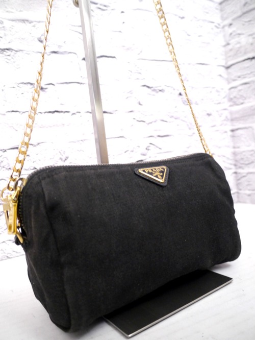 ◆PRADA プラダ CANAPA カナパ クロスボディ チェーンストラップ デニム ミニ ショルダー バッグ カメラ バッグ ポーチ 黒x金◆ レアモデル