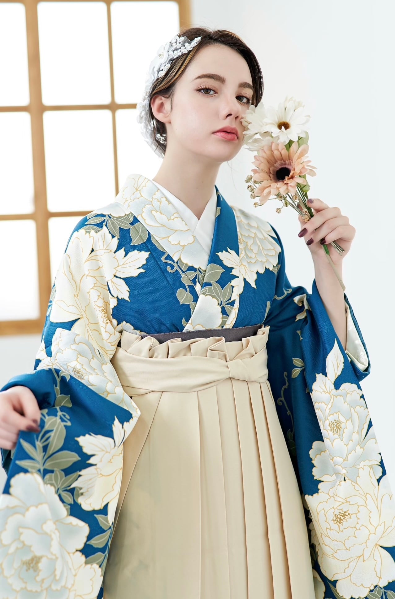 Kimono Sienne 卒業式袴3点セット ブルーグリーン×アイボリー 牡丹 袴 