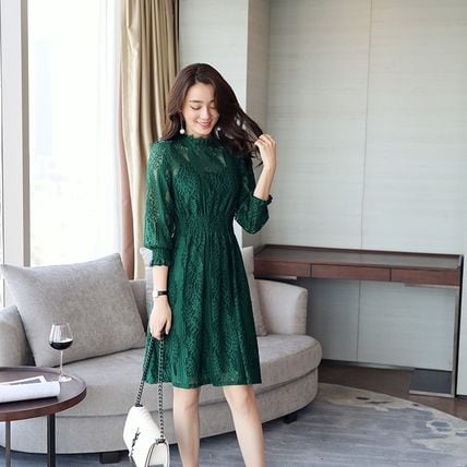 深緑 七分袖膝丈パーティードレス 結婚式 二次会 発表会 ママ | BIANKA