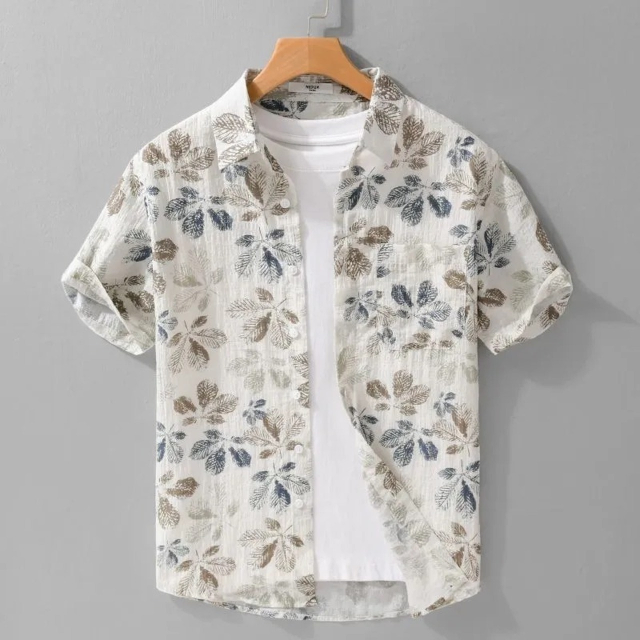 【M-3XL】Leaf Print Short Sleeve Shirt / リーフ プリント 半袖 シャツ