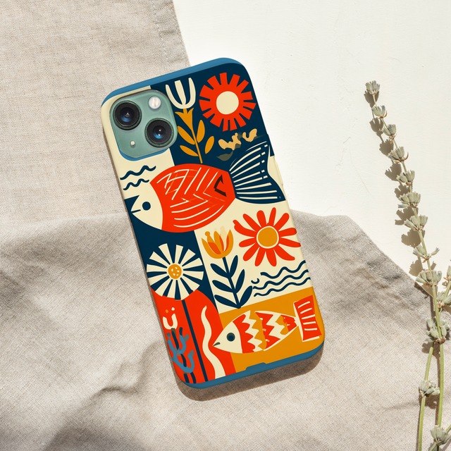 受注生産 iPhoneケース 魚と花のカラフル民芸柄｜魚モチーフ FMSY091C