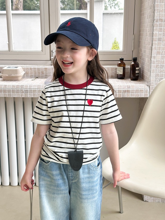 【KID】ハート刺しゅうストライプ半袖Tシャツ - 10