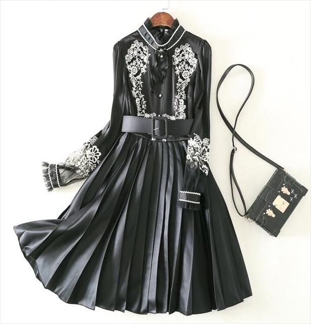 サブカル 服 地雷系 通販 ゴスロリ ワンピース 膝下丈 7分袖 シフォン レース プリーツスカート 花柄 刺繍 袖コン ブラック 闇かわいい 大人きれいめ パーティードレス 結婚式 二次会