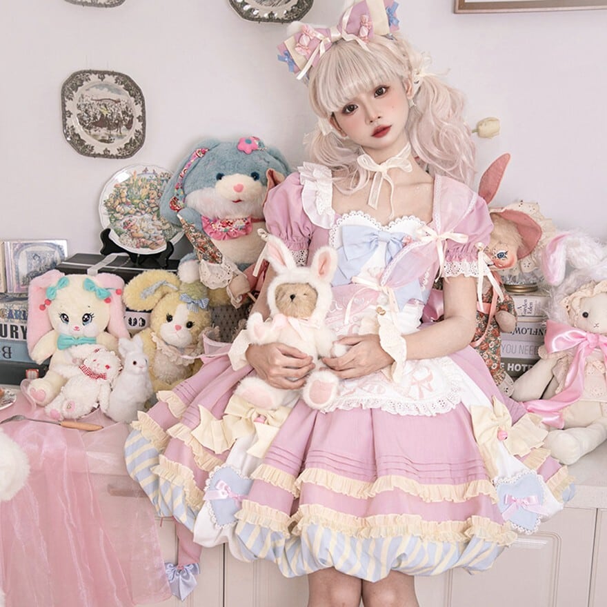 【甘ロリチェック♡双子セット】10cm ロリータ ピンク おすわりぬい服 甘ロリ｜うさぎモチーフ ドールワンピ フルセット（ピンク）お茶会