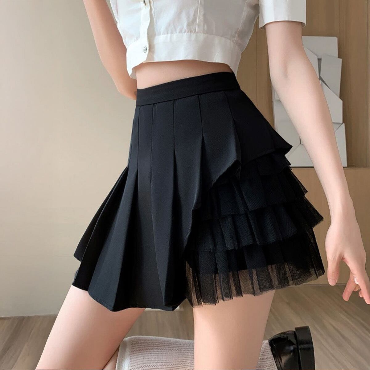 ミニスカート プリーツ チュール切り替え レディース 春夏 韓国 Aライン きれいめ 大人 かわいい ハイウエスト インナーパンツ付き レイヤード風 大人可愛い 大人女子