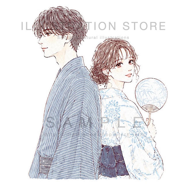 浴衣姿のカップルのイラスト素材