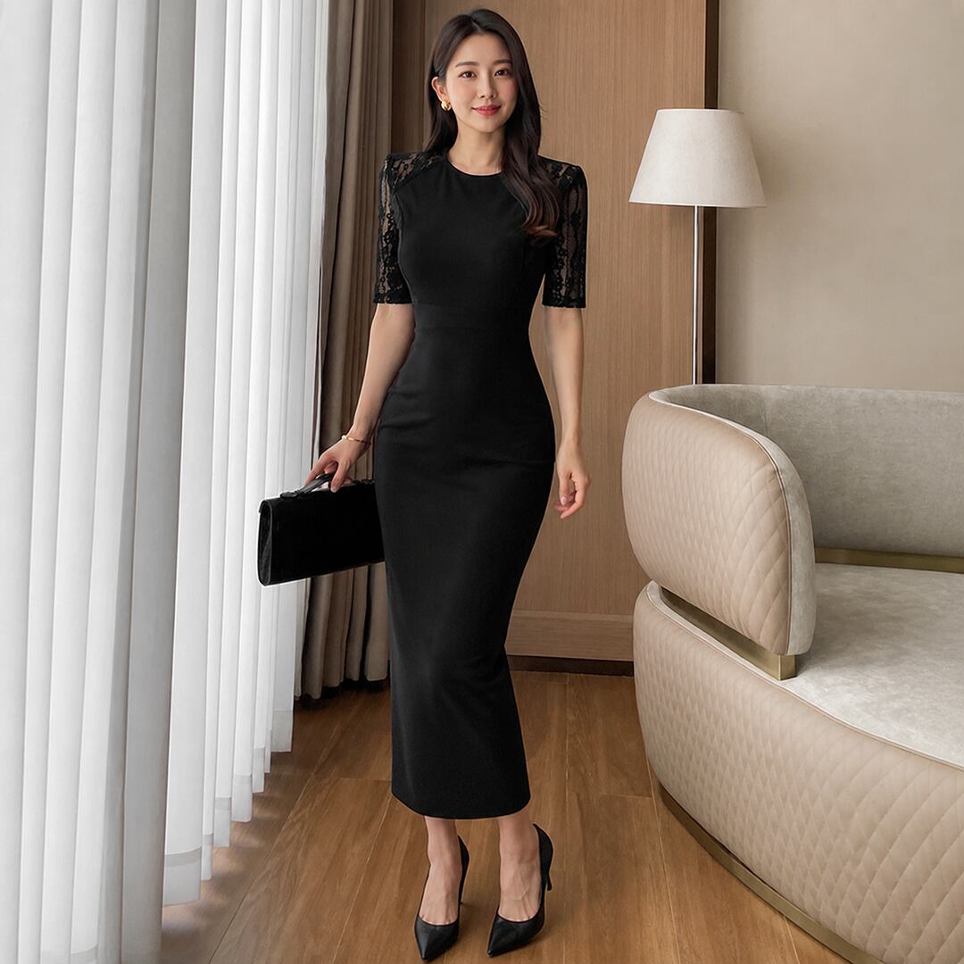 Lace Sleeve Square Neck Long Dress V3459