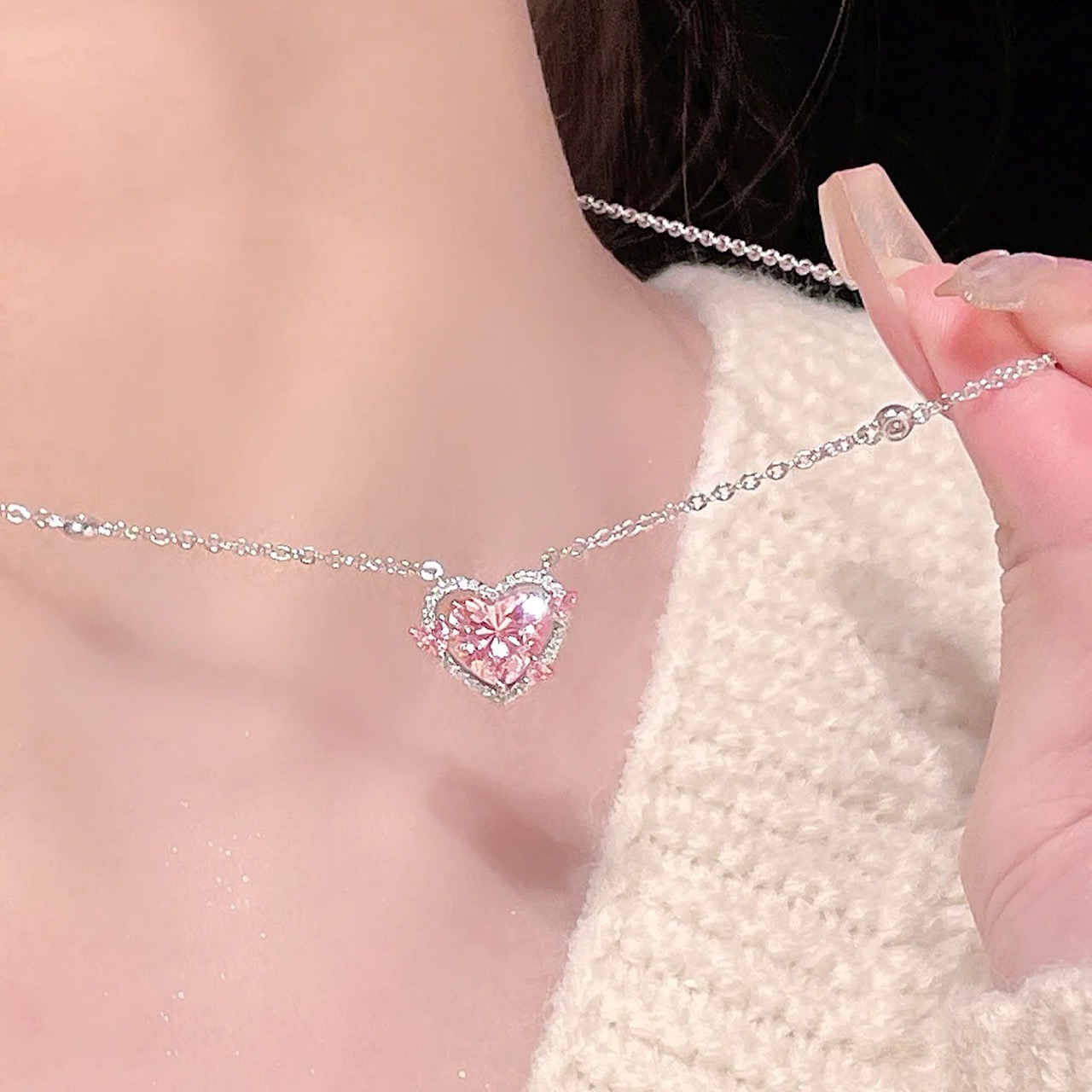 かわいい ピンク ハート キラキラ プレミアム デザイン ネックレス - 5