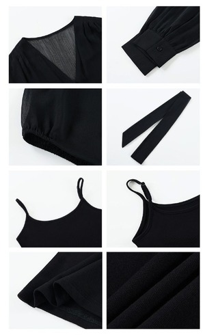 V-neck chiffon shirt camisole withTied Ribbon Set up【H00078】
