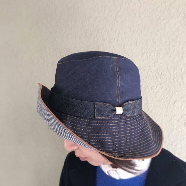 chikyu ちきゅう　インディゴデニムハット　　INDIGO DENIM  HAT    デニム×ヒッコリーストライプ