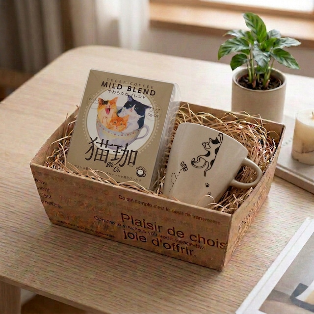 グッドモーニング【猫カフェギフト】軽量マグ カフェインレス コーヒー マイルドブレンド ドリップ5P 三毛ネコのマグカップ