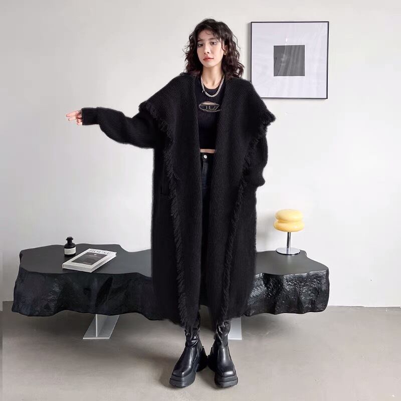 カーディガン グレー 黒 フリンジ カーディガン アウター コー