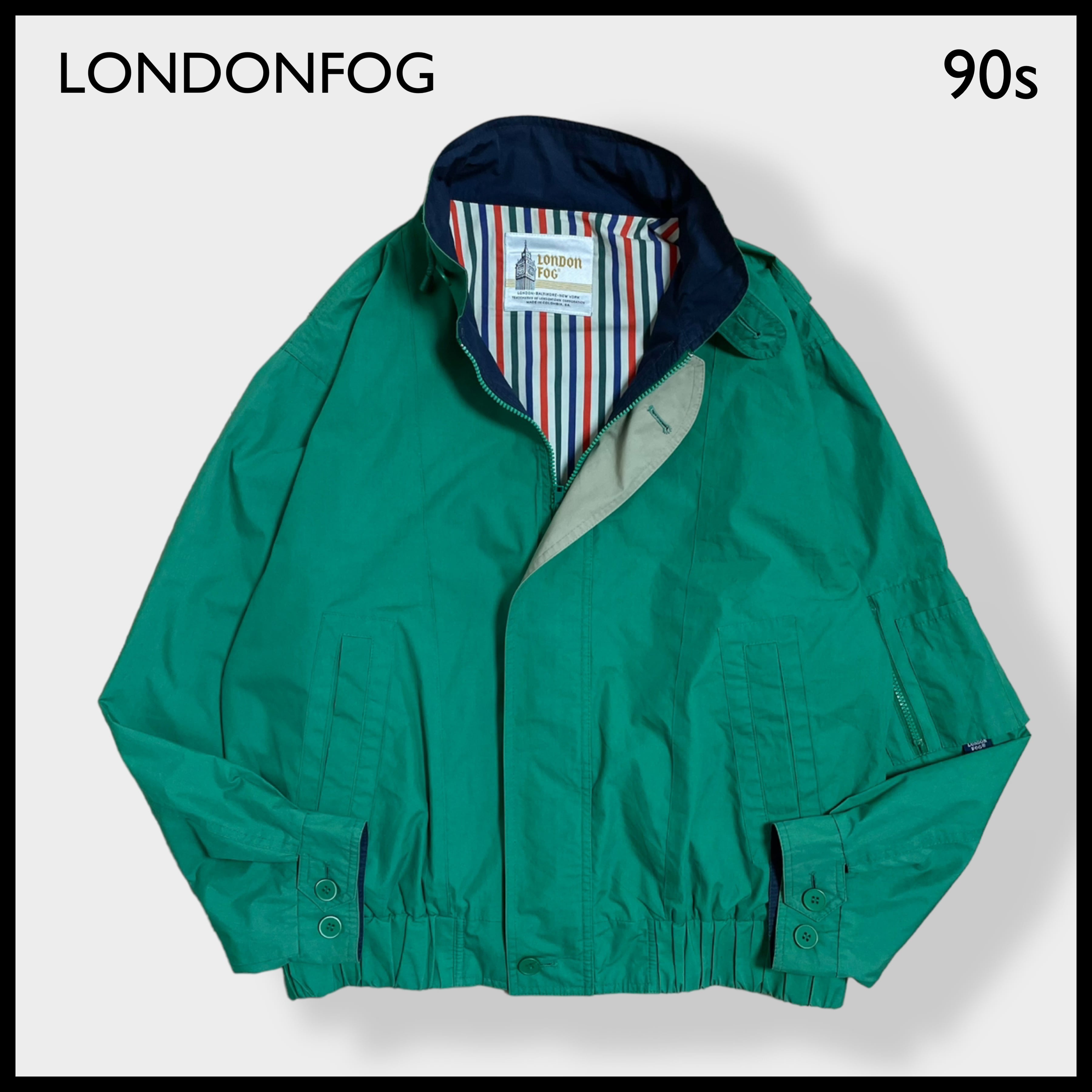 【LONDONFOG】90s ブルゾン ジャンパー ジャケット IDEALジップ フルジップ ジップアップ 裏地ストライプ マルチカラー  フライフロント ドッグイヤーカラー グリーン ライトアウター 春 秋 緑 ロンドンフォグ US古着 | 古着屋手ぶらがbest powered by  BASE