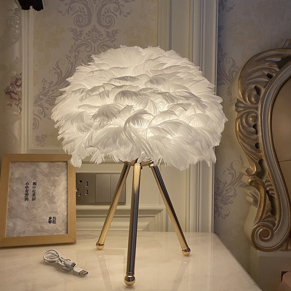 フェザー 羽根 ホワイトグース テーブルランプ ナイトランプ 3色調光