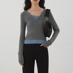 v-neck layered knit top　J00194