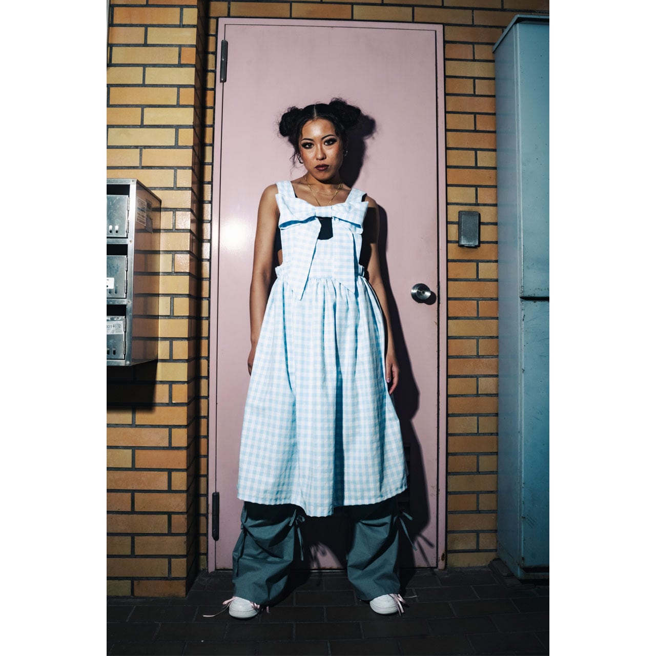 Front ribbon sleeveless onepiece (Gingham / Long丈) | roopage 公式
