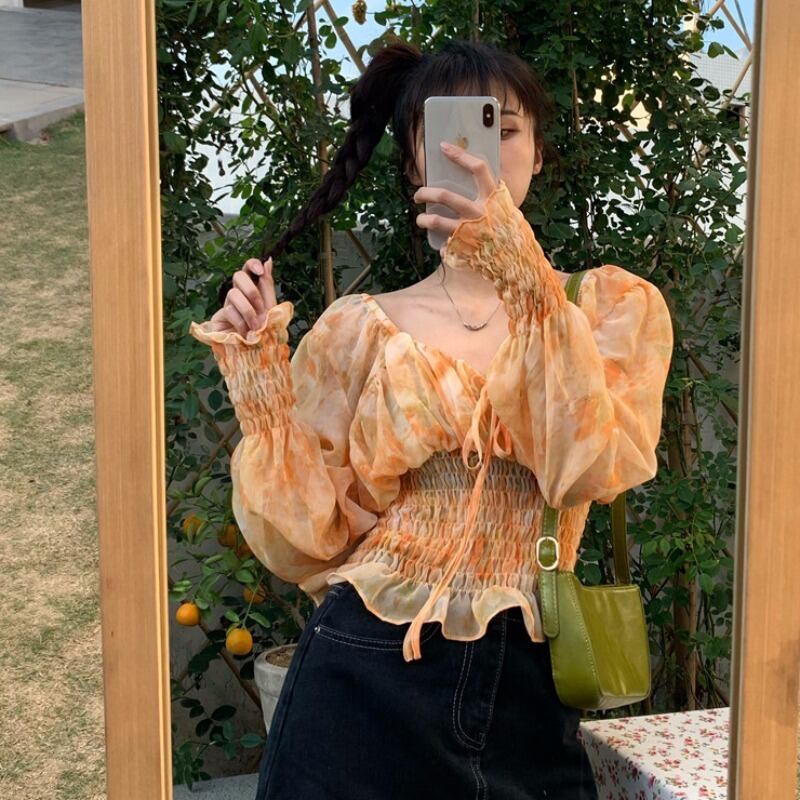 スタンダードカラープルオーバー シャツ ウェストシフォン レトロ スクウェア 萌量不足95174273994