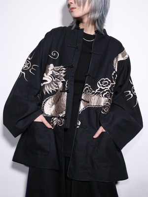"刺繍×龍" front and back design black china shirt