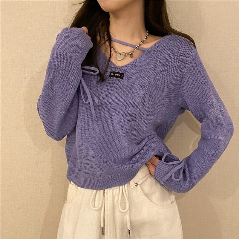 Vネックニットセーター オータムスリムレッドトップス ロング 秋物 ハンチェンe425884529