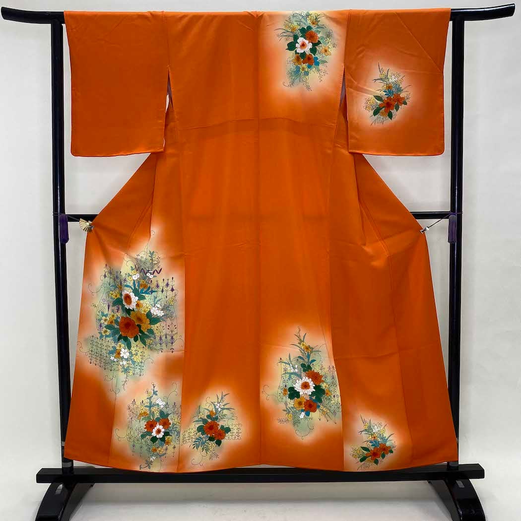 値下　美品　正絹　振袖フルセット古典柄　花柄　オレンジ 値下 美品 正絹 振袖フルセット古典柄 花柄 オレンジ 【公式通販】