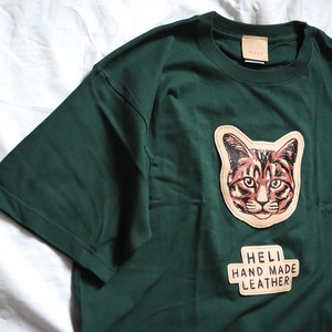 Art leather patch “Cat” short sleeve T-shirt (5 colors) Cowhide patch