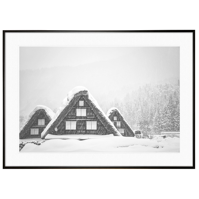 日本写真 岐阜県 冬の白川郷 インテリアアート モノクロポスター額装 AS3413