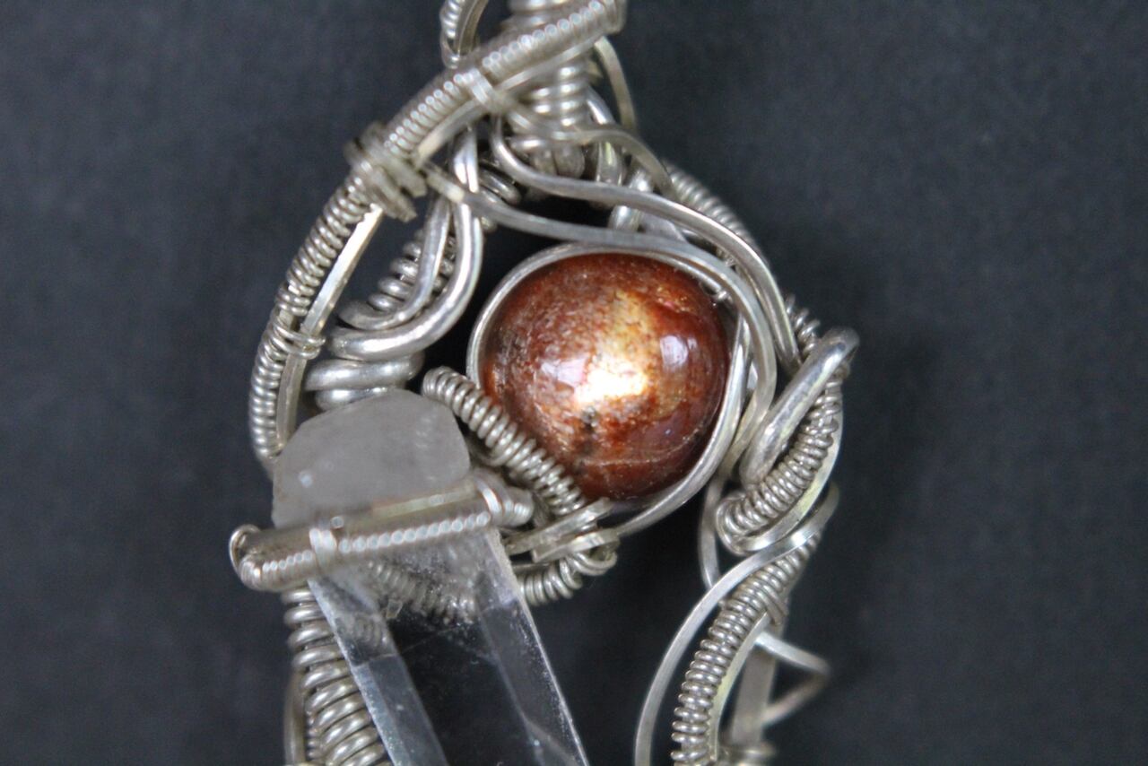 Sunstone & Crystal point  silver925 wire wrapping pendant