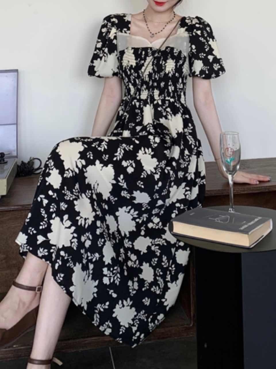 レトロ花柄ワンピース ロング丈 シャーリング 夏 二の腕カバー カジュアル 大人可愛い 大きいサイズ 韓国 Ch4710 Chulachula チュラチュラ 可愛い大きいサイズ韓国レディースファッション通販