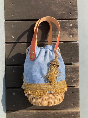 Type custom Drawstring basket Blue Denim × India Embroidery ribbon&tassel Gold デニムリメイクかごバッグ インド刺繍リボンとタッセル