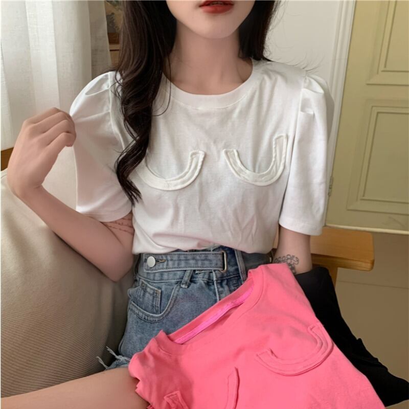 サマースタイルラウンドネックスリーブTシャツ トップス レディース 夏物 Oネック ハンチェンe94819606133