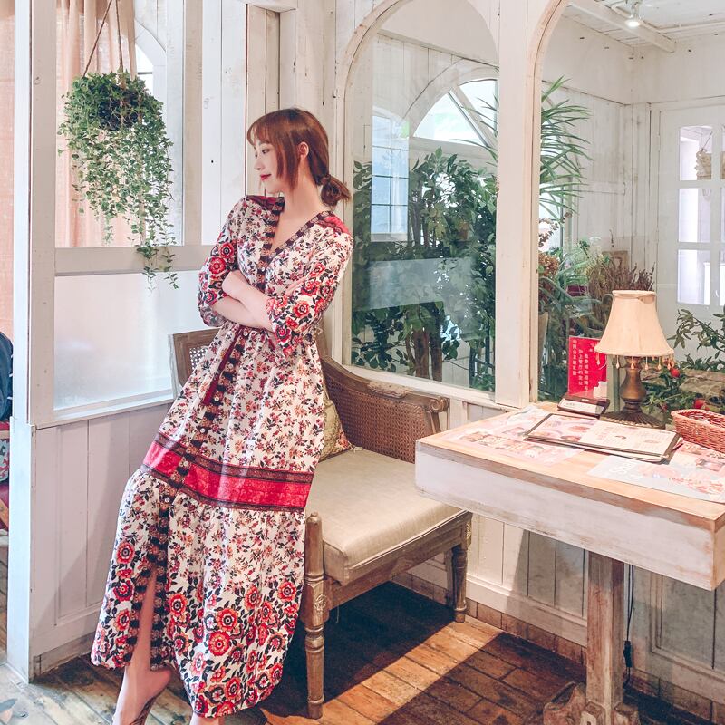 タイタイドブランドホリデーロングスカートボヘミアンビーチスカートプリントVネックウエストバンドボタンレトロドレス 延命家ファッション5384227