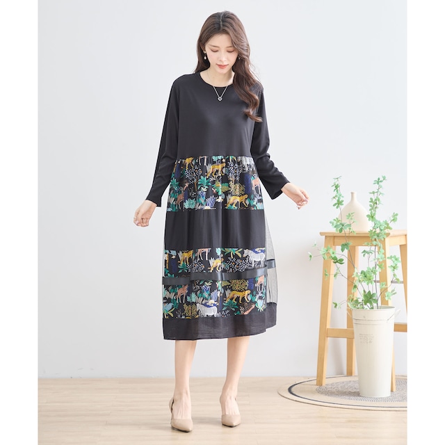 【L〜LL】シアードッキングサファリ柄デザインワンピース (N82-059A)