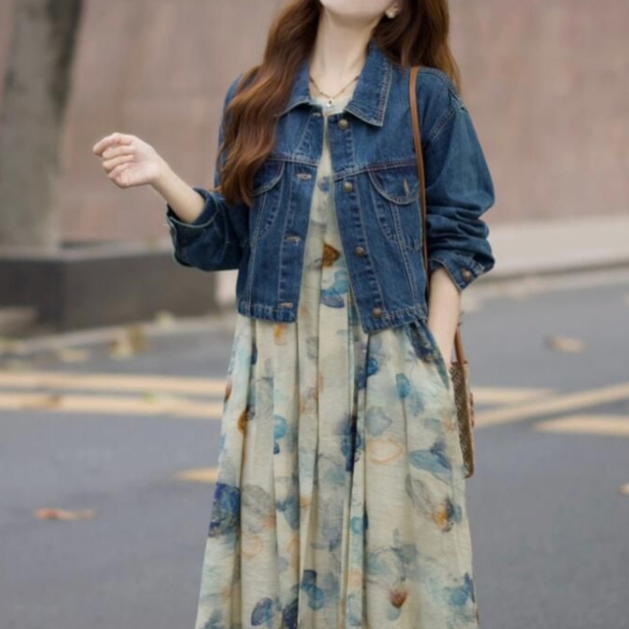 デニムジャケット＆ノースリーブプリントワンピースのセットアップ A00120