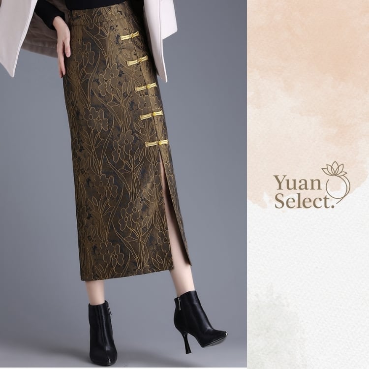 ジャカード花模様　チャイナボタンロングスカート　3カラー　YS00087