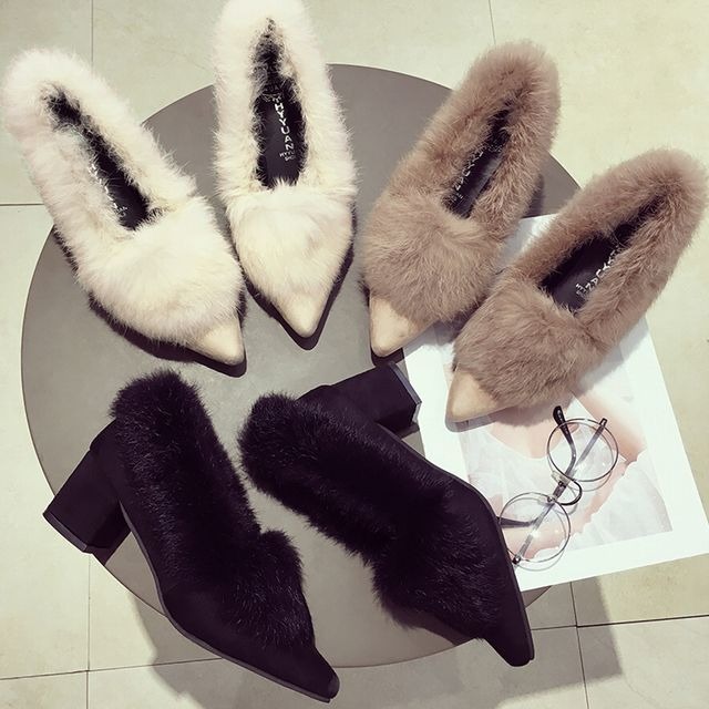 秋冬パンプス レディース ハイヒール ポインテッドトゥ ファー ボア 裏起毛 チャンキーヒール / Fur Plus velvet shoes girl high heels thick thick pointed shallow mouth thick (DCT-577823536040,578351021898)