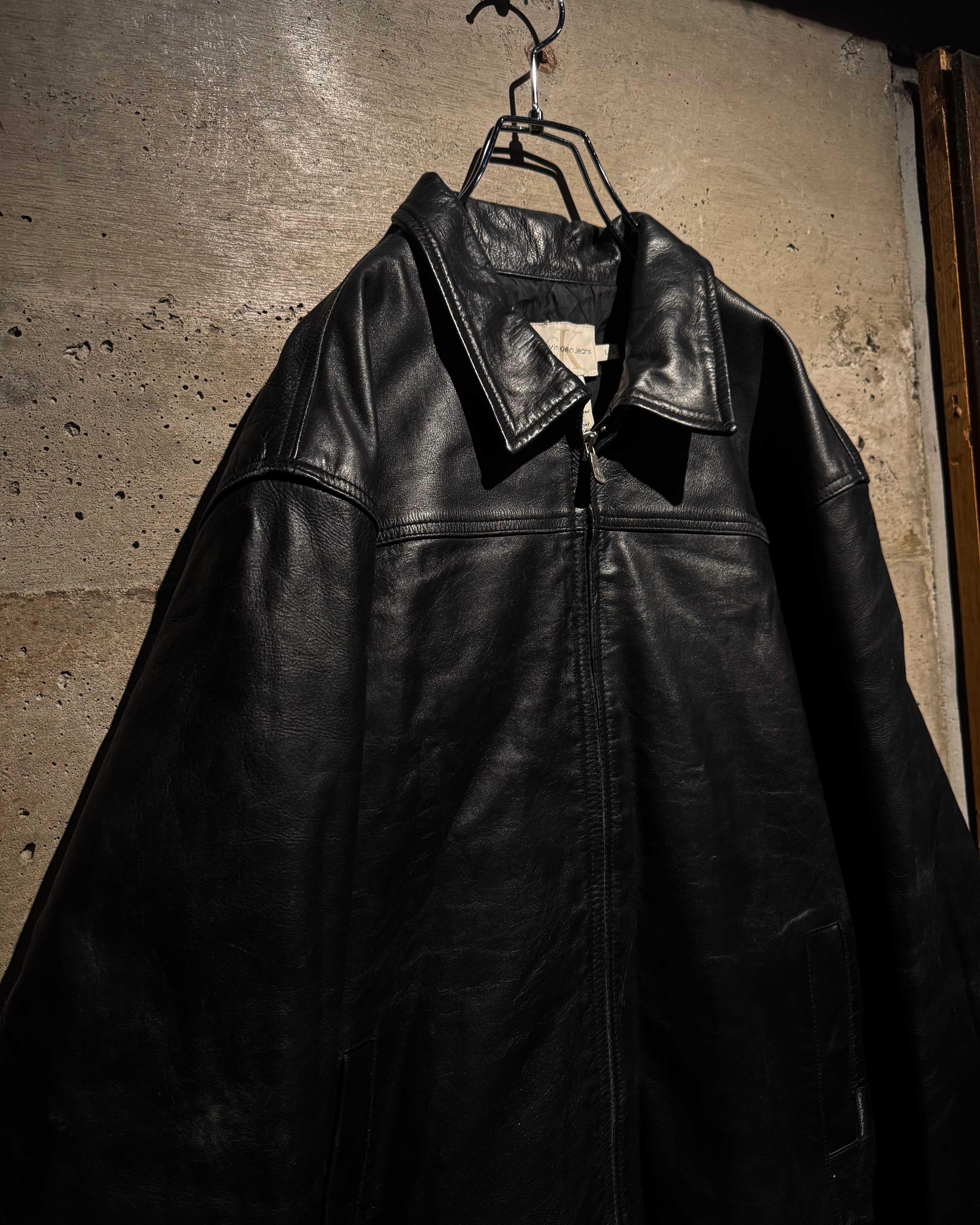 Caka】90's “Calvin Klein Jeans” Black Leather Zip-Up Jacket | Caka