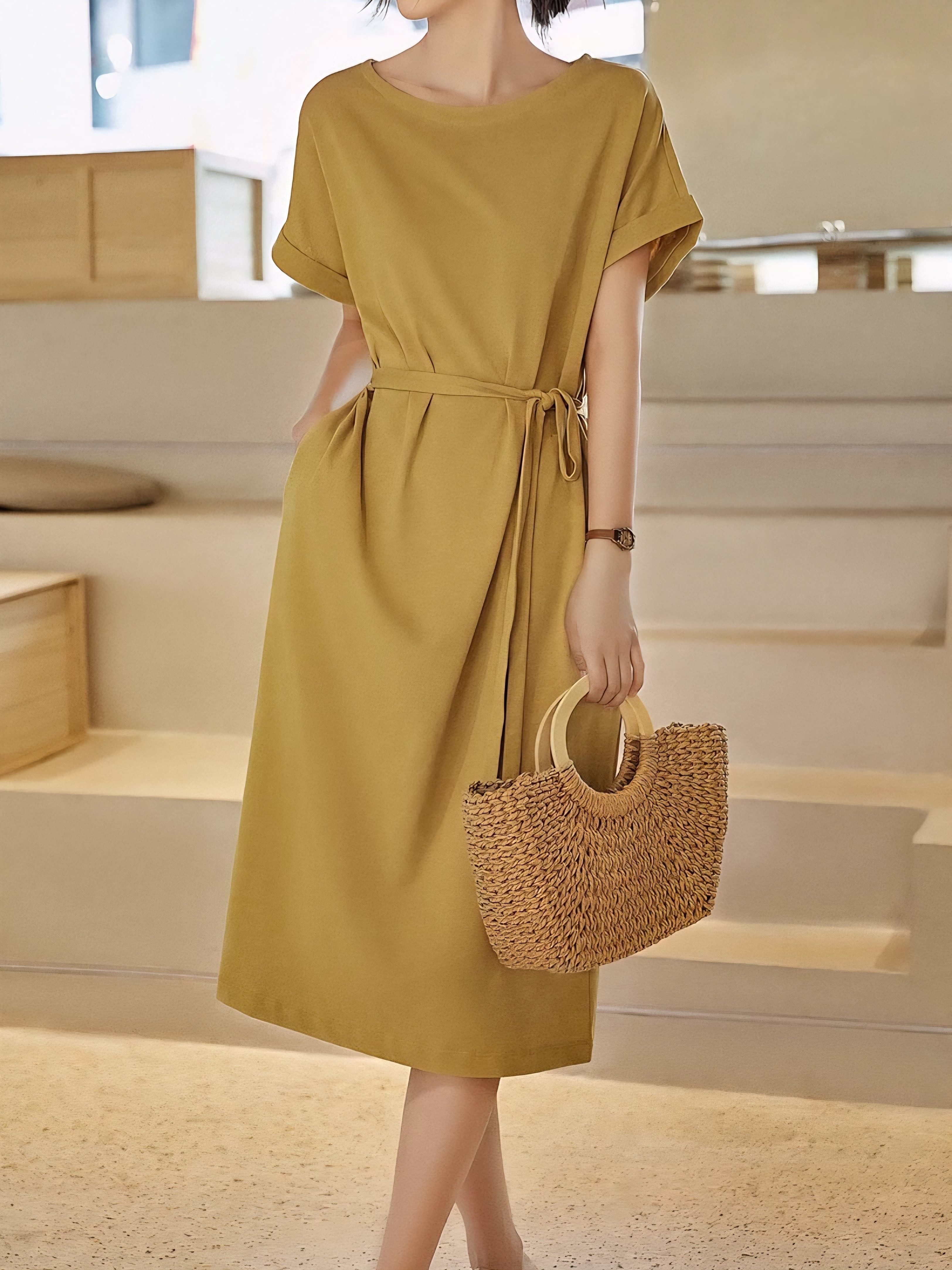 French sleeve waist ribbon belt onepiece L0730