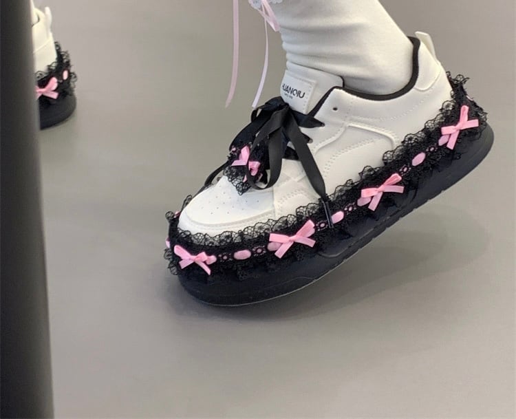 病みかわいい 22.5〜25cm リボンレース厚底スニーカー ロリータ
