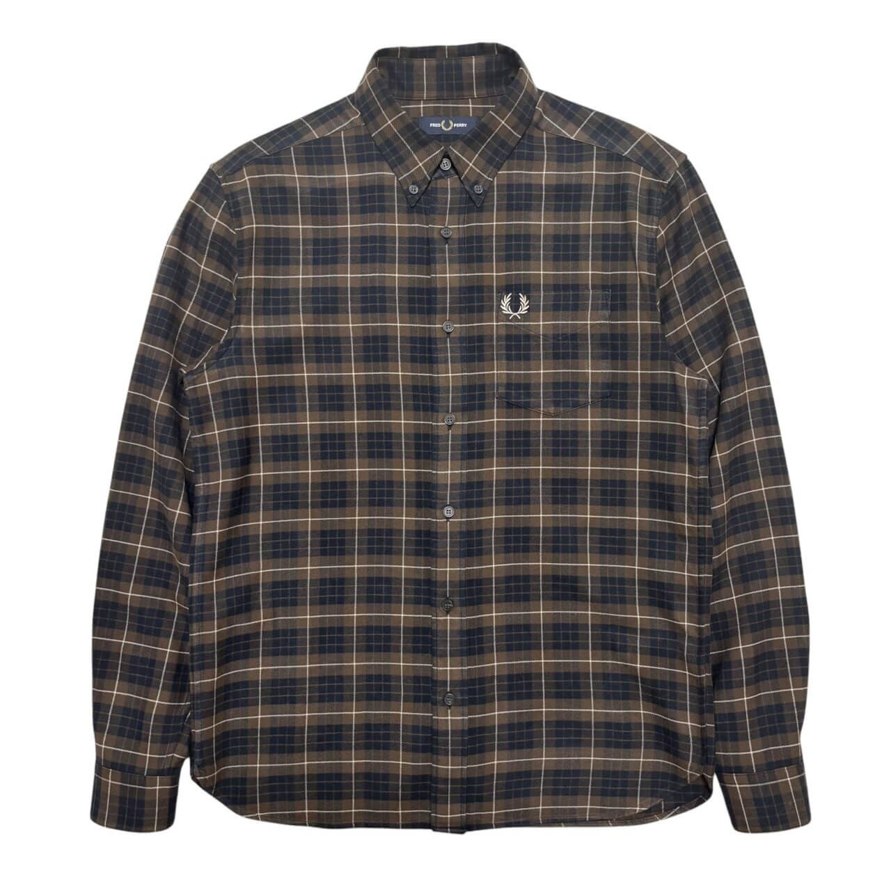 古着 フレッドペリー 長袖ボタンダウンシャツ クリーニング済み FRED PERRY タータンチェック ブラウン M1753 メンズM