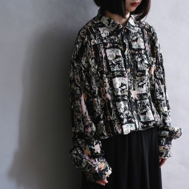 black base art pattern l/s rayon big shirt