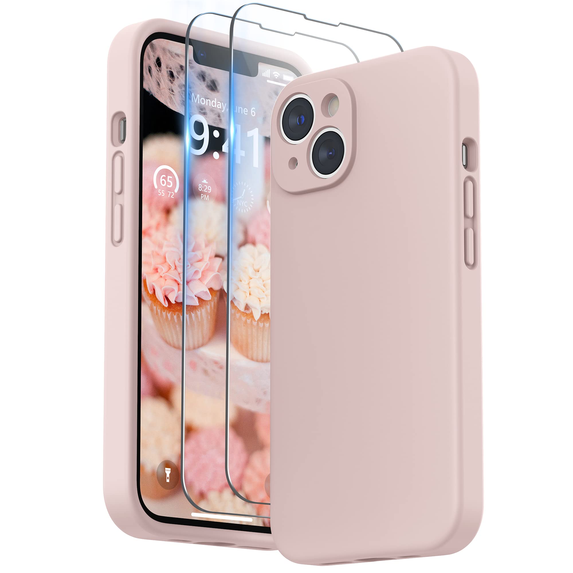 【在庫のみ】SURPHY iPhone14 plusケース シリコンフィルム付き 6.7インチ対応(2022) iPhone14 プラスシリコンケース (レンズの全面保護) 耐衝撃 超軽量 指紋防止 全面保護 iPhone14 plusソフトカバー (ピンク)