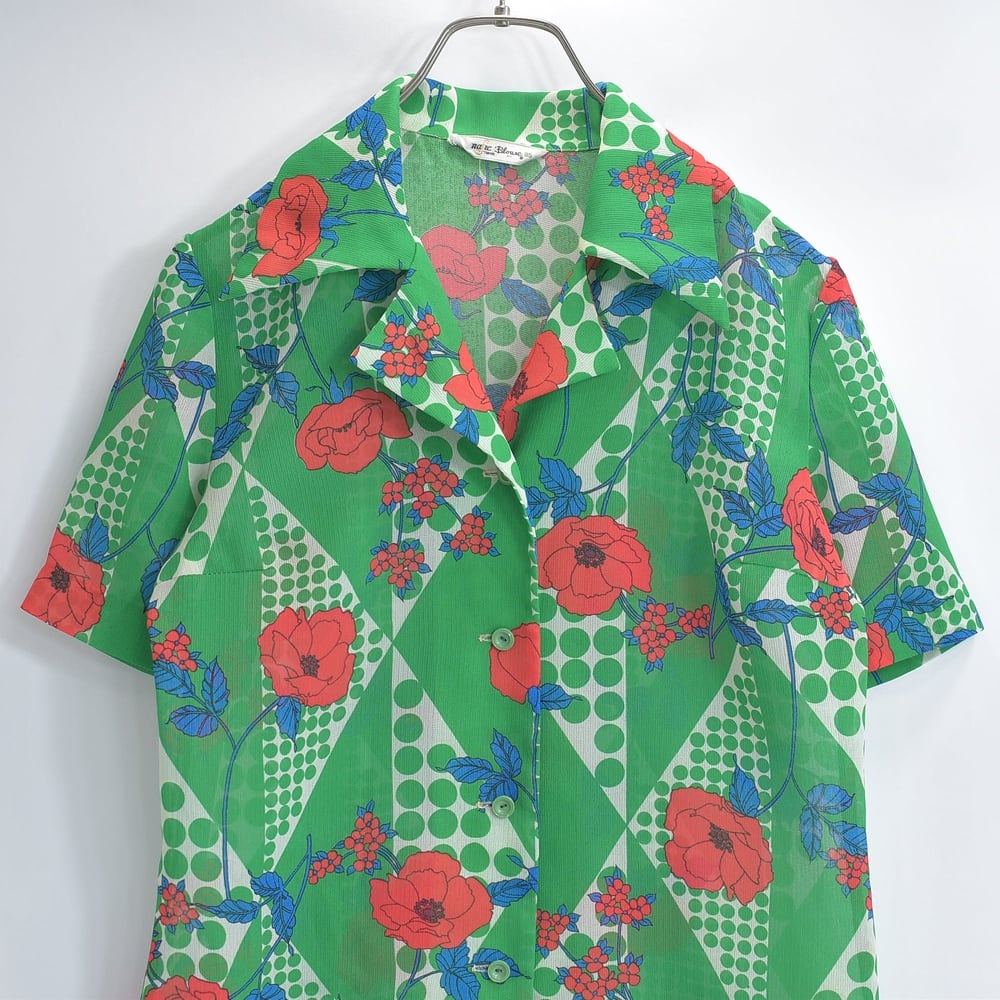70s-80s 日本製 naic Blouse 昭和レトロ花柄ドット幾何学模様 シアー半袖ブラウス グリーン USED ヴィンテージ ビンテージ 古着 レディース Sサイズ相当