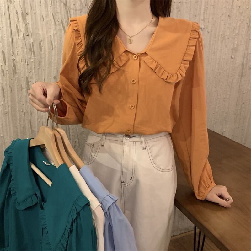 オータムブラウス ホワイトシャツ スタイルカラー ロング 秋物 1号婦人4319135192