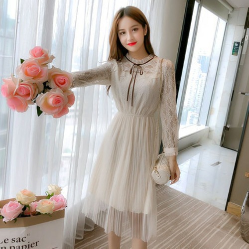 ワンピース ドレス レース 首元レース 刺繍 シフォン 長袖 ひざ下 ミディアム丈 胸元リボン 清楚系 透け感 お呼ばれ 秋冬 レディース BADB0000